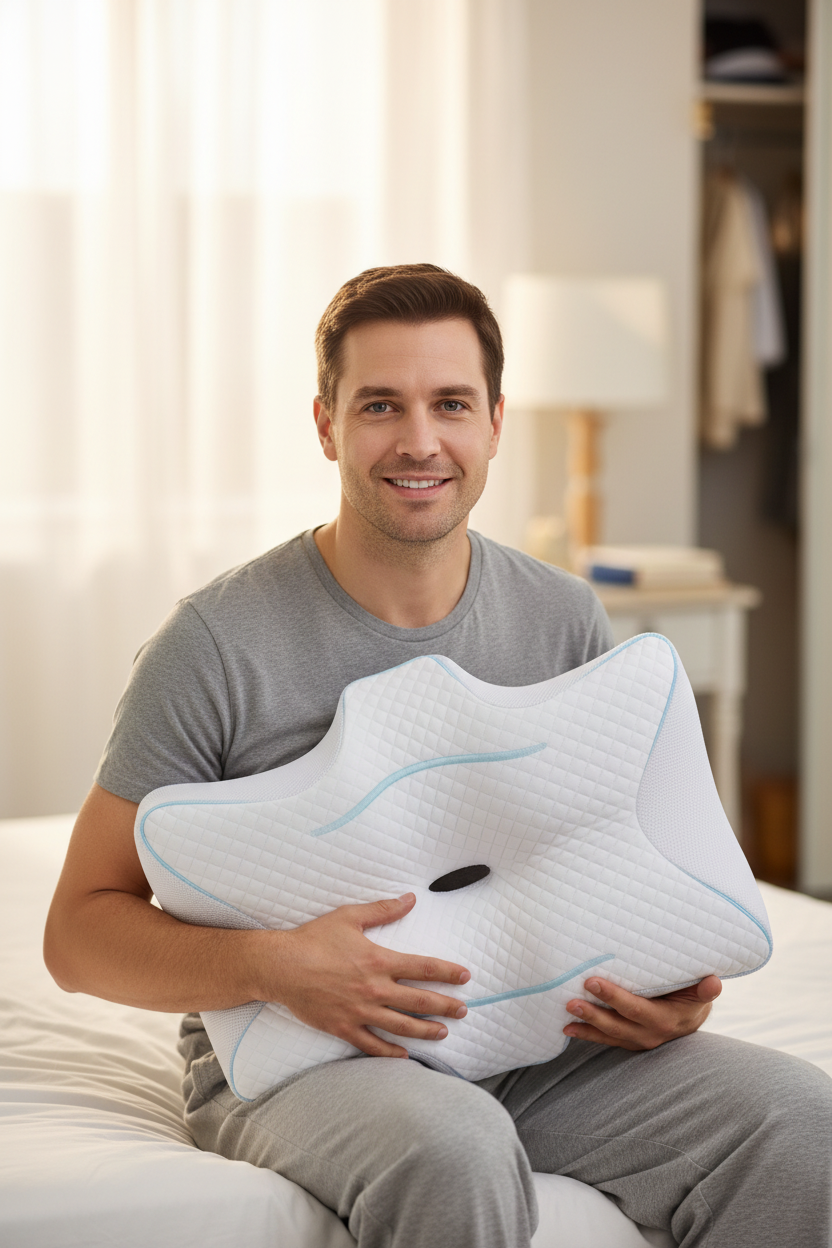 Homme assis sur le lit avec l'oreiller