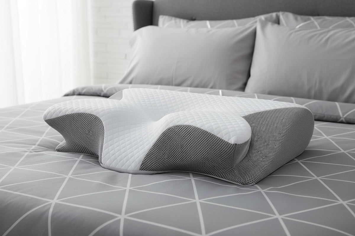 Oreiller papillon ergonomique gris et blanc